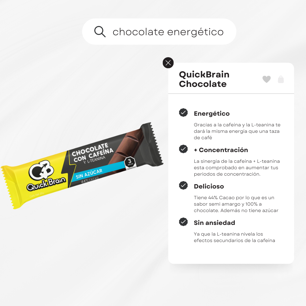 BARRA DE CHOCOLATE CON CAFEINA SIN AZUCAR QUICK BRAIN