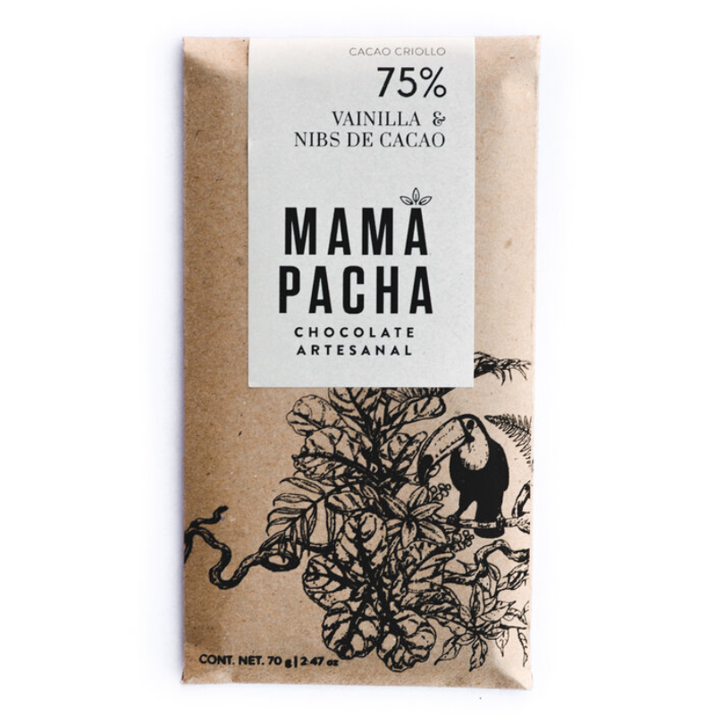 BARRA DE CHOCOLATE VAINILLA Y NIBS DE CACAO 75% MAMA PACHA